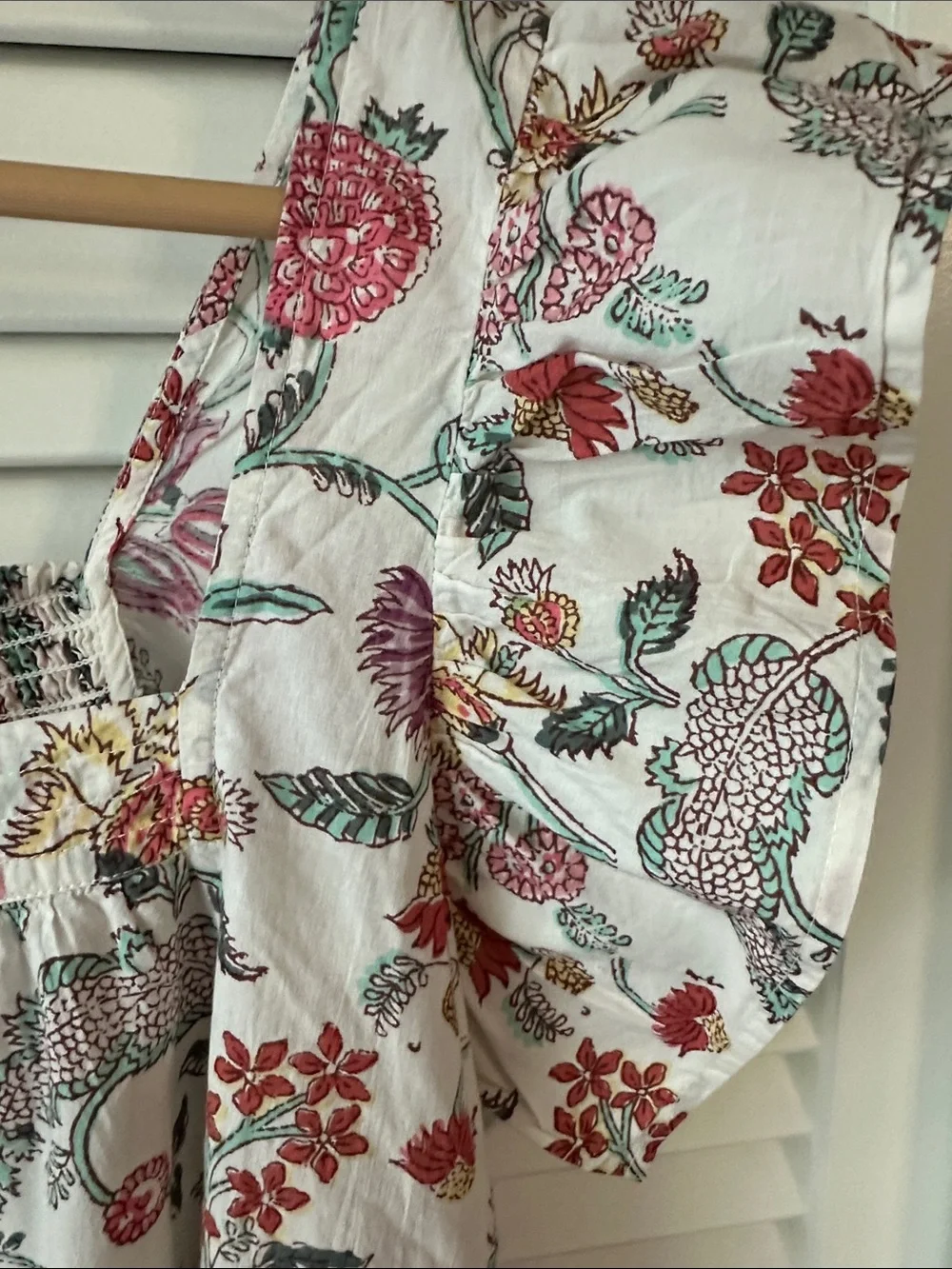 Beautiful Floral White Cotton Maxi Dress with Ruffle Sleeves and hem.